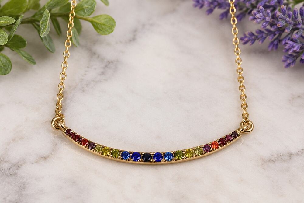 Amelia Rue Curved Bar Rainbow Rhinestone Necklace | Gold Tone | New in Box